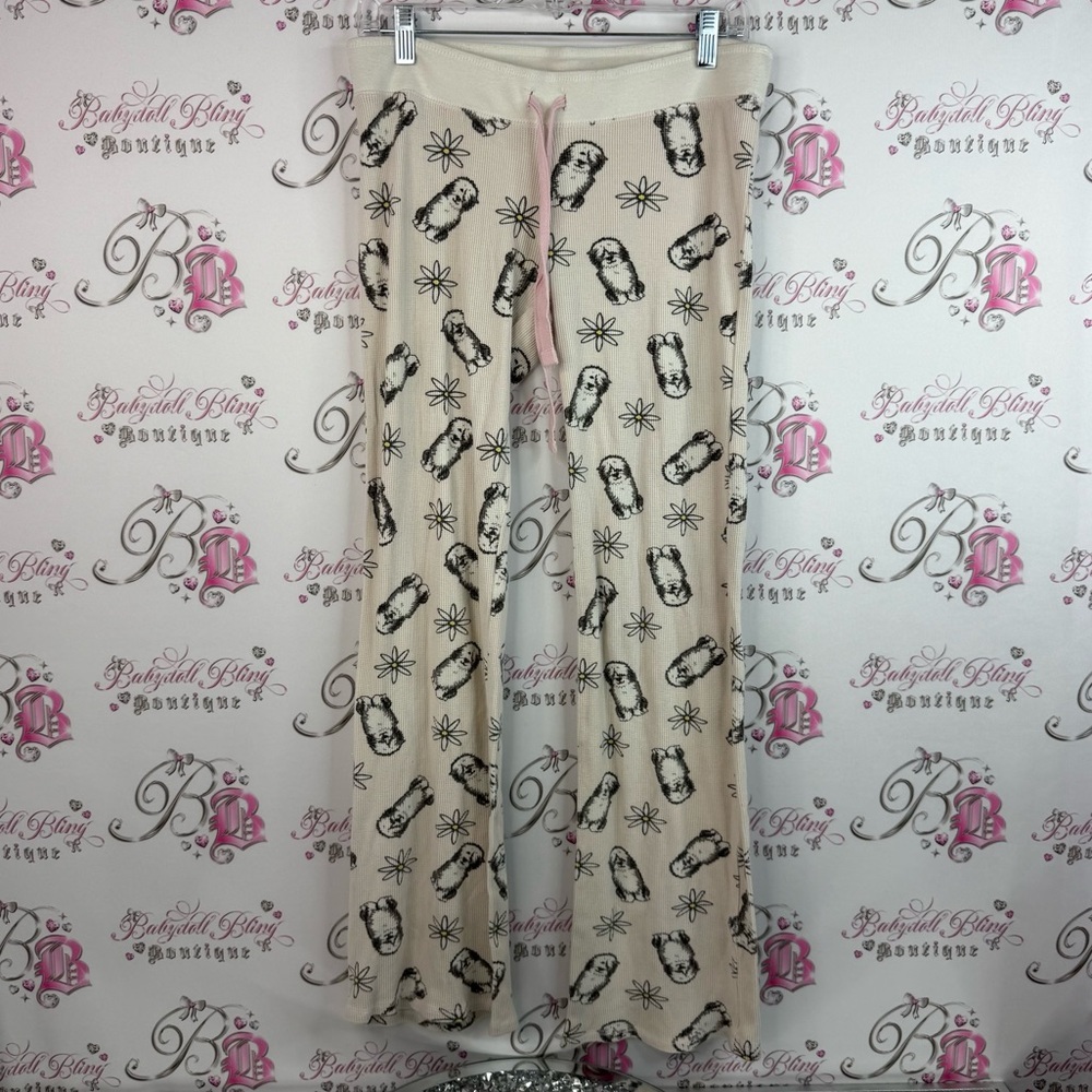 PJ Salvage pants wide leg waffle print white dogs Cream Pants puppy Black Print